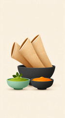 Traditional indian street food dosa with coconut chutney and sambar for culinary design