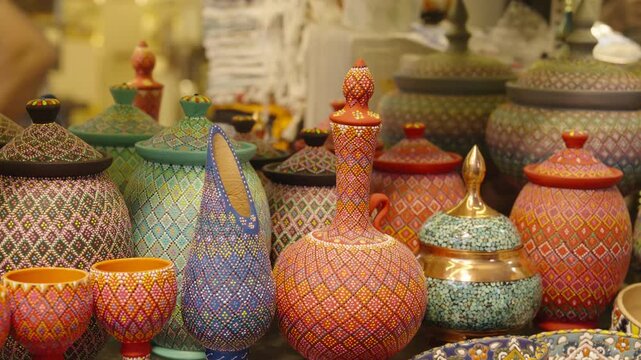 Colorful Hand Painted Ceramic Bowls and Handicrafts in Souk Shop