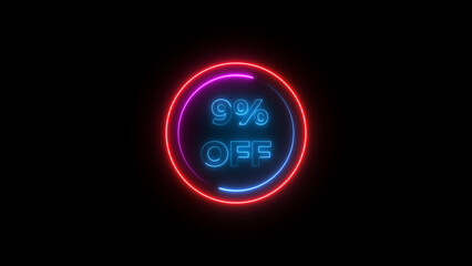 9 percent off discount offer sell icon illustration. Up to 9% off neon text background.