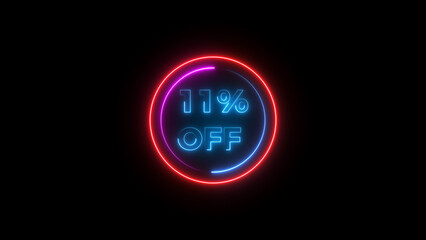 11 percent off discount offer sell icon illustration. Up to 11% off neon text background.