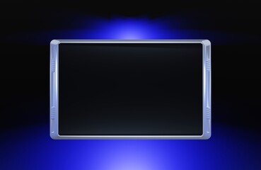 Silver sci fi futuristic user interface, simple screen on black background with blue glow. 3D rendering of device close up