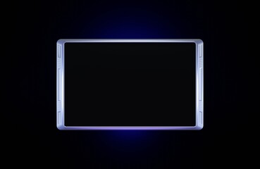 Silver sci fi futuristic user interface, simple screen on black background with blue glow. 3D rendering of device with copy space for your text