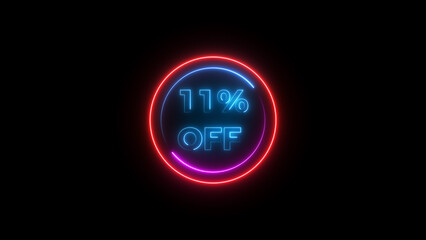 11 percent off discount offer sell icon illustration. Up to 11% off neon text background.