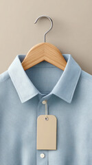 Minimalist clothing display with blue shirt on wooden hanger and tag for fashion design