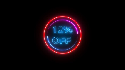 12 percent off discount offer sell icon illustration. Up to 12% off neon text background.