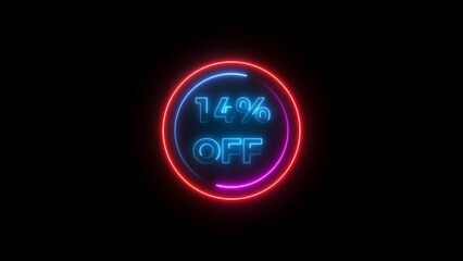 14 percent off discount offer sell icon illustration. Up to 14% off neon text background.