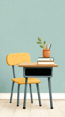Nostalgic childhood memories: wooden school desk with books and plant scene for interior design