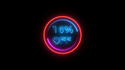 16 percent off discount offer sell icon illustration. Up to 16% off neon text background.