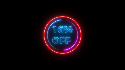 16 percent off discount offer sell icon illustration. Up to 16% off neon text background.