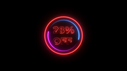 28 percent off discount offer sell icon illustration. Up to 28% off neon text background.