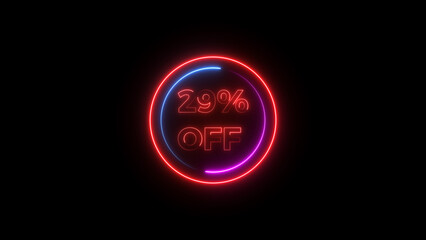 29 percent off discount offer sell icon illustration. Up to 29% off neon text background.
