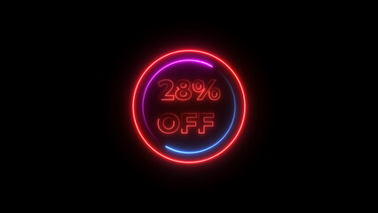28 percent off discount offer sell icon illustration. Up to 28% off neon text background.
