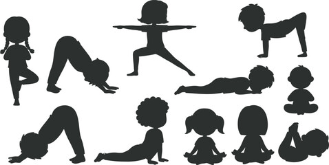Children's diverse yoga poses illustration showcasing kids practicing mindfulness, balance, and flexibility for health and wellness.