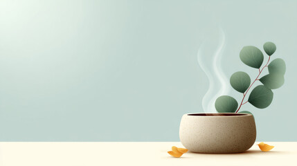 Tranquil steam rising from stone bowl with eucalyptus for relaxation and aromatherapy