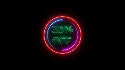 35 percent off discount offer sell icon illustration. Up to 35% off neon text background.