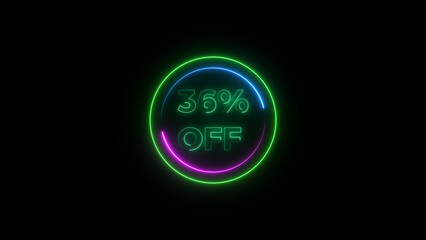 36 percent off discount offer sell icon illustration. Up to 36% off neon text background.