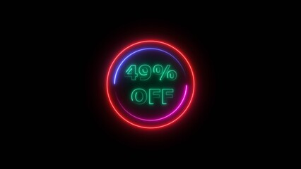 49 percent off discount offer sell icon illustration. Up to 49% off neon text background.