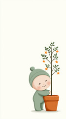 Cute baby in green outfit hugging decorated pine tree in pot for holiday cheer