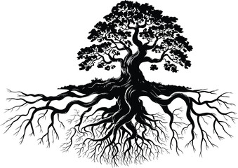 Tree with roots illustration, black and white design, growth symbol, nature silhouette, stability concept, botanical artwork, organic structure