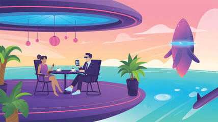 Couple enjoys coffee at futuristic cafe with V R headset and flying whale