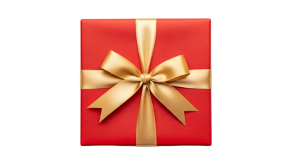 Red gift box with gold ribbon bow isolated on transparent background