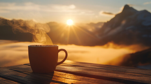Morning Brew's Serene View: A solitary cup of hot coffee sits atop a wooden surface, its steam rising to meet the crisp mountain air.