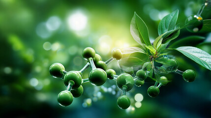 Green molecular structure, natural chemistry concept, scientific background display, organic compound visualization, botanical research emphasis, environmental science focus, susta