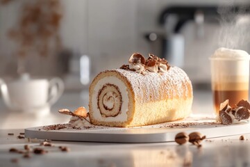 Chocolate swiss roll on counter with coffee glass. AI image