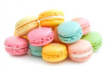 Colorful macarons arranged on white background. AI image