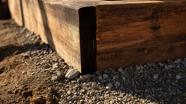 Close-up of a timber retaining wall with gravel fill. Rustic wooden beams meet earthy textures, showcasing a blend of nature and construction. A sturdy structure.