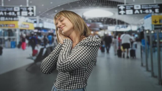 Woman middle age hispanic blonde presses hands to cheek in busy airport concourse, eyes closed with gentle smile, wearing houndstooth top and jeans; calm rest.