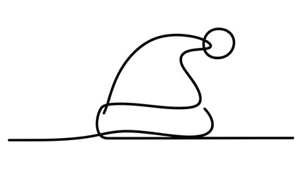 minimalist one line drawing of a santa claus hat with fluffy pom pom, simple continuous line christmas illustration for festive holiday decor design