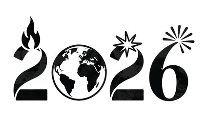 Symbol of the future 2026: An evocative design featuring the globe integrated within the numbers 2026, representing a symbolic vision. The bold visuals includes a fire and a star.