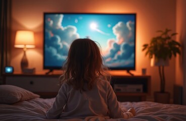 Fototapeta premium Little girl watches television at home. Child sits on bed looking at TV screen. Entertainment leisure enjoyment. Home interior. Back view of child with long hair.
