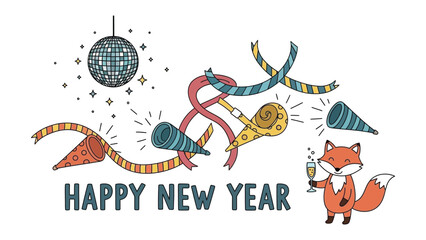 Happy New Year Celebration: festive illustration featuring a cartoon fox, a disco ball, ribbons, and horns, this artwork perfectly encapsulates the joy and spirit of a celebratory New Year's event.
