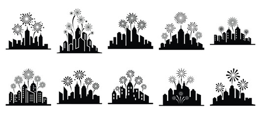 Fototapeta premium Black and white city skyline fireworks vector icon set and New Year 2026 holiday concept set