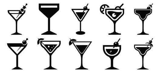 Black and white cocktail glass vector icon set and New Year 2026 holiday concept set