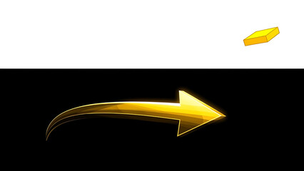 Glowing golden curved arrow symbol indicating direction and progress against a split black and