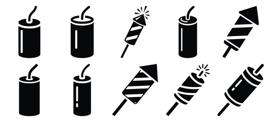 Black and white firecracker single vector icon set and New Year 2026 holiday concept set