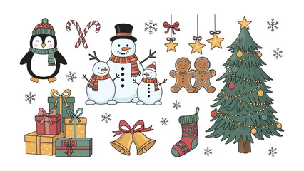 Christmas Festive Collection: A charming compilation of festive elements, including snowman, christmas tree, gifts, bell, and candy cane, evoke the spirit of the season.