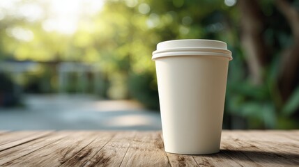 Plain disposable coffee cup on a rustic wooden table with a blurred green park background