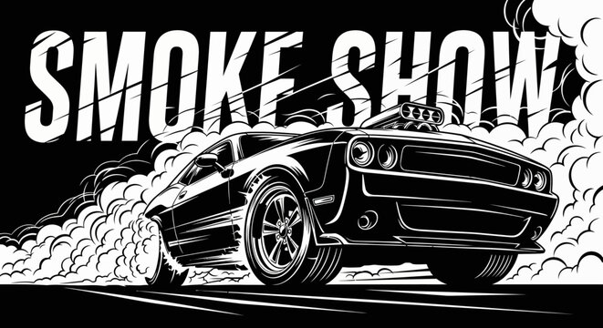 Smoke show classic muscle car burnout drag racing event black and white vector illustration