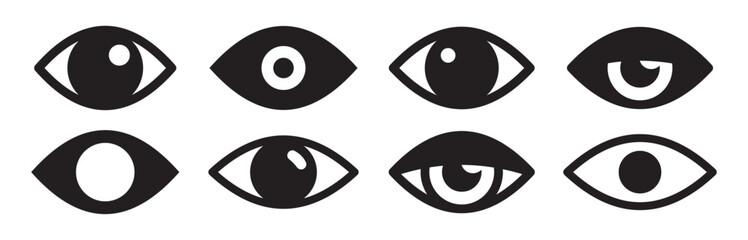 Set of stylized eye symbols with various shapes, pupils and expressions representing vision, view, focus, observation, attention and sight in minimal solid design for universal use – stock vector