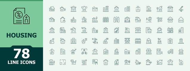 Set of Housing line icon. Included build, town, urban development, home, apartment, city and more. Minimal icons collection. Architecture modern icon set. Pixel perfect. Vector illustration.