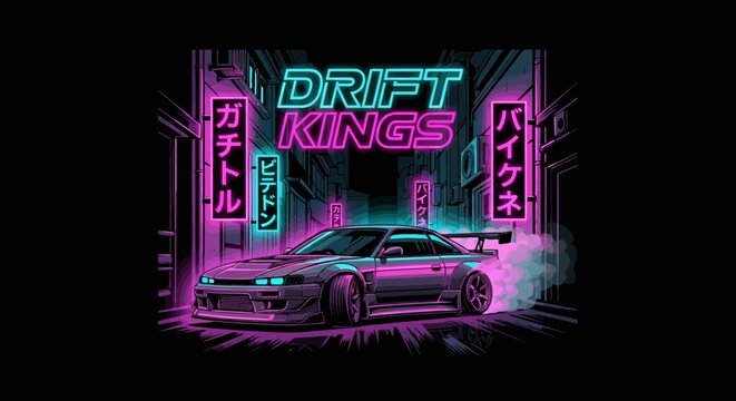 A vibrant neon illustration of a purple sports car enveloped in smoke with text drift kings set against a backdrop of glowing city lights