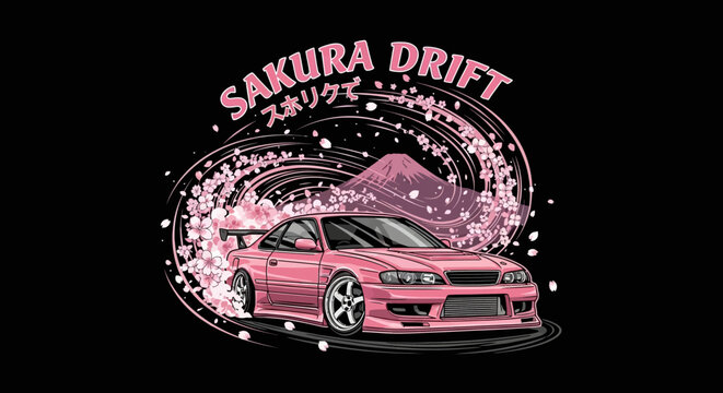 Sakura drift jdm car with mount fuji and cherry blossoms design, japanese themed automotive graphic for apparel