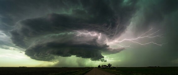 Stunning supercell thunderstorm unleashes dramatic lightning over remote country road and farm