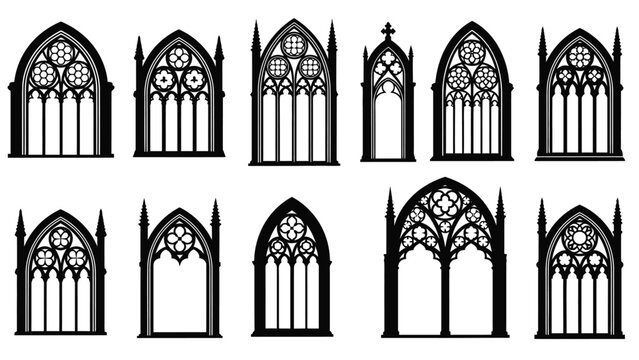 Collection of ornate gothic window designs in black and white illustration