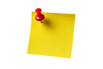 Yellow sticky note with red thumbtack isolated on transparent background