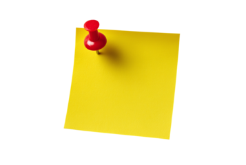 Yellow sticky note with red thumbtack isolated on transparent background